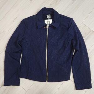 Anne Klein Classic Navy Floral Jacquard Jacket with Front Gold Zipper. Size M
